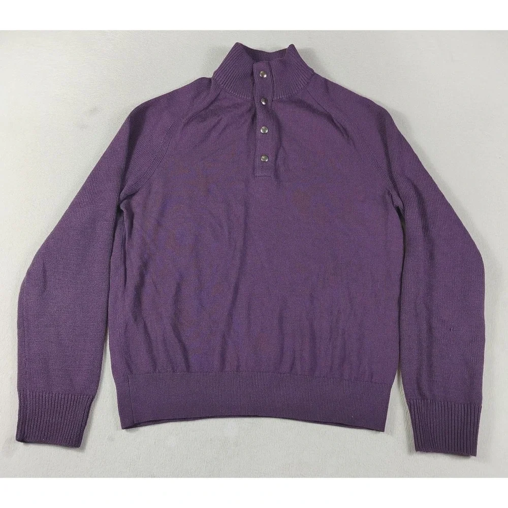 Banana Republic Sweater Mens Large Purple Merino Wool Mock Neck Knit Snap Button